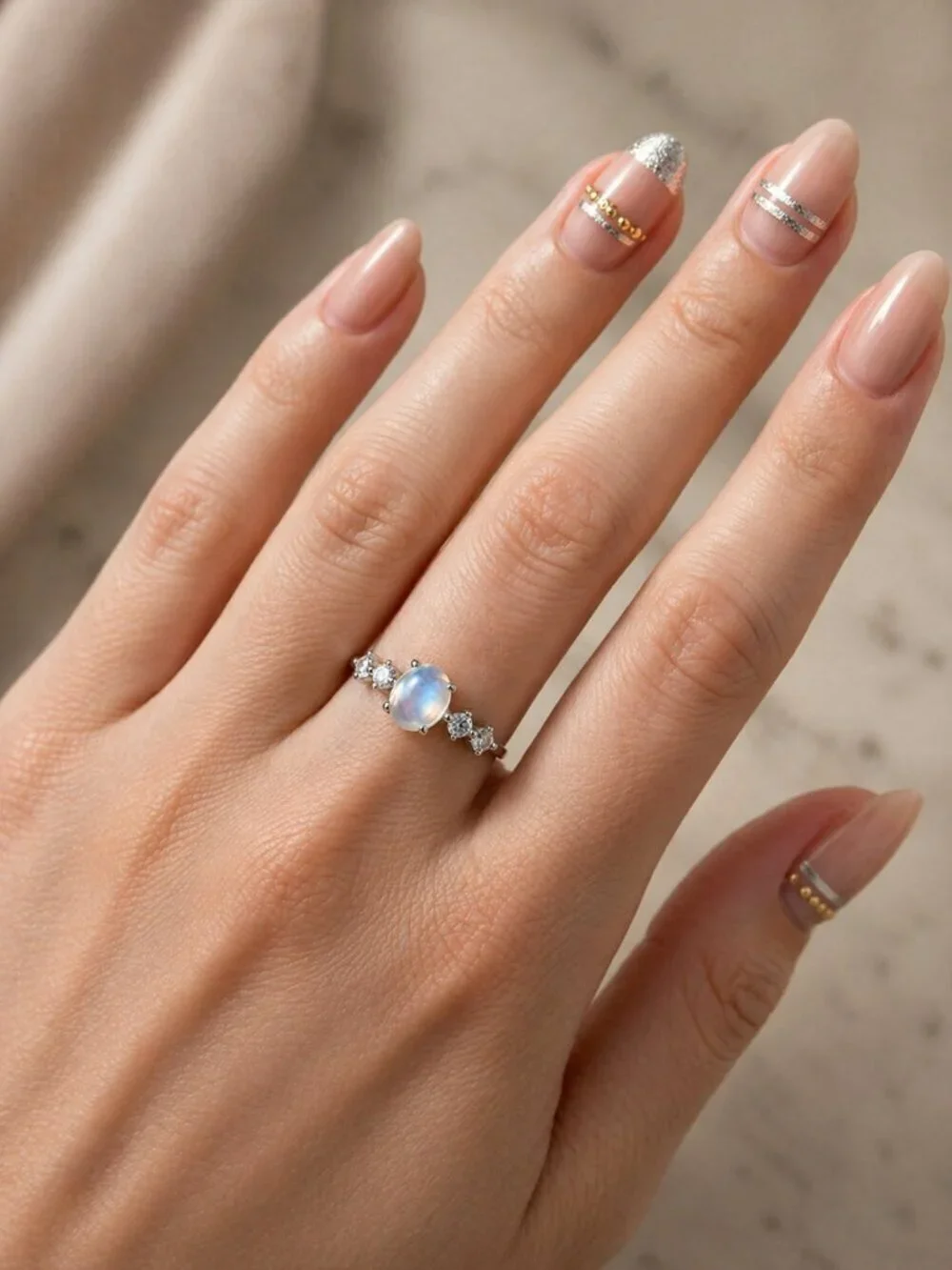 Celestial Dainty 925 Silver Genuine Moonstone CZ Minimalist Ring Size 6